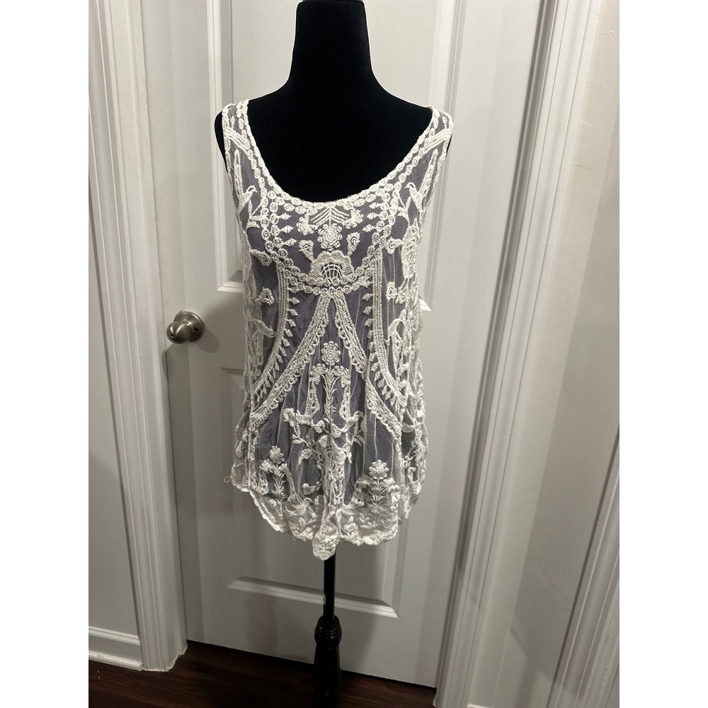 Bohemian White Lace Crochet Heart Overlay Tank Tunic Top